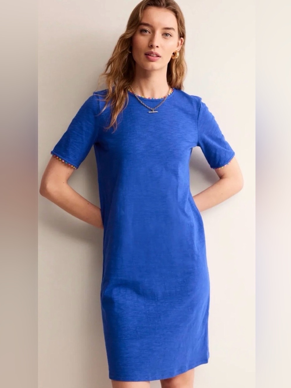 Boden Ali Pom Sleeve Tshirt Dress Blue Size 10L - Picture 2 of 11